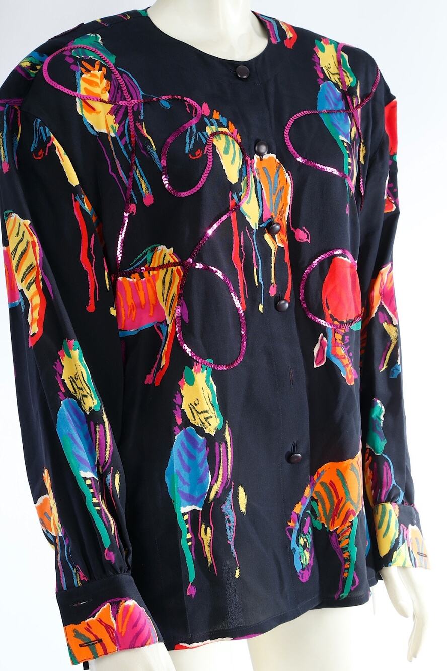 Vintage Escada by Margaretha Ley 100% Silk Horse Equestrian Blouse Shirt Top 38